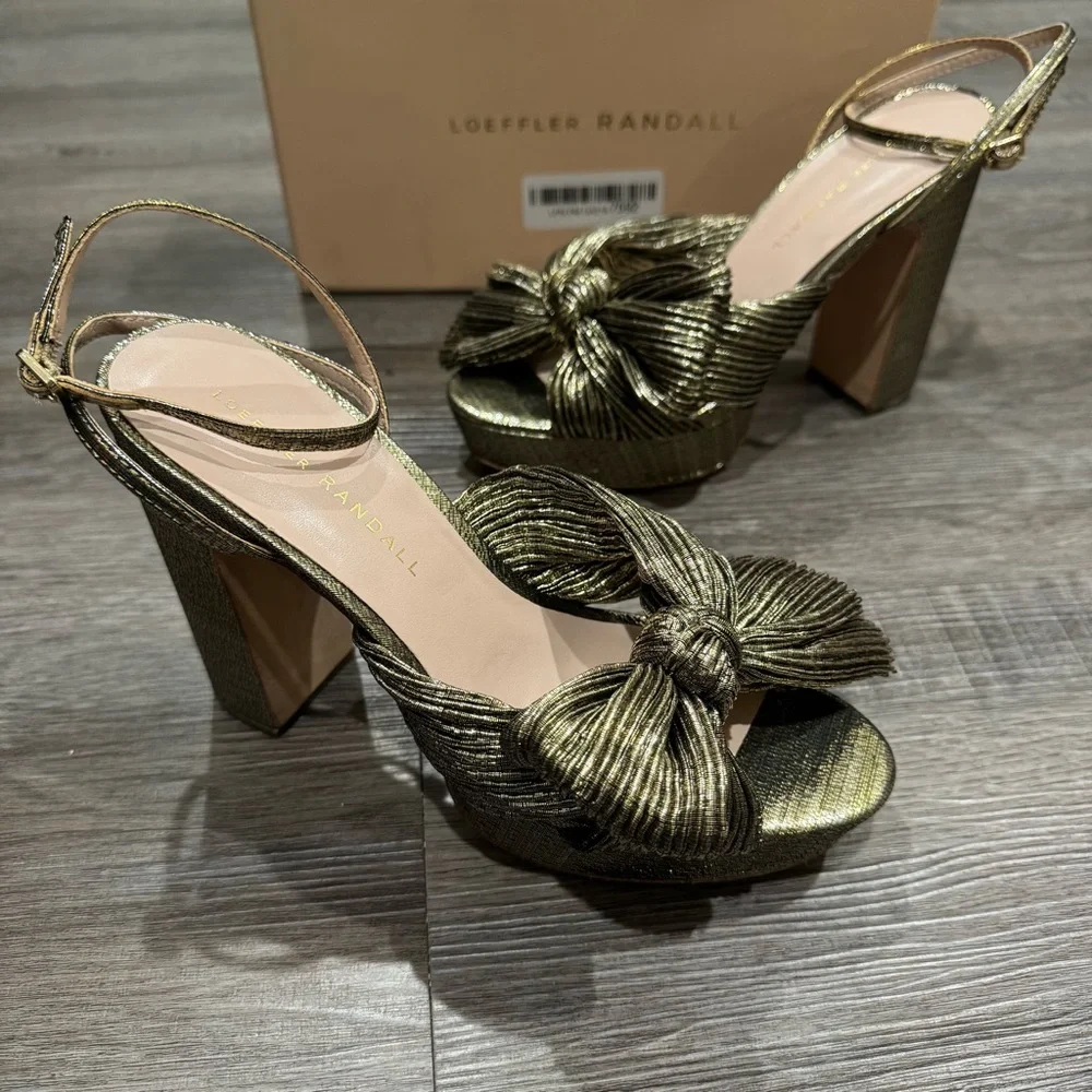 Loeffler Randall Natalia Fabric Pleated Bow Gold Platform Sandal Heels